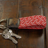 Braided Stretch Woven Crimson and White Keychain with Leather Accent