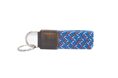 Braided Stretch Woven Blue and Red Keychain with Leather Accent