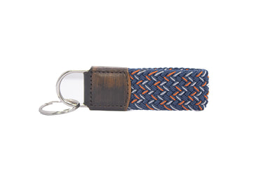 Braided Stretch Woven Navy and Orange Keychain with Leather Accent