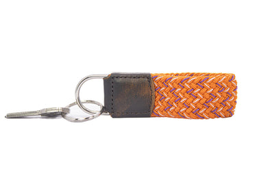 Braided Stretch Woven Orange and Purple Keychain with Leather Accent