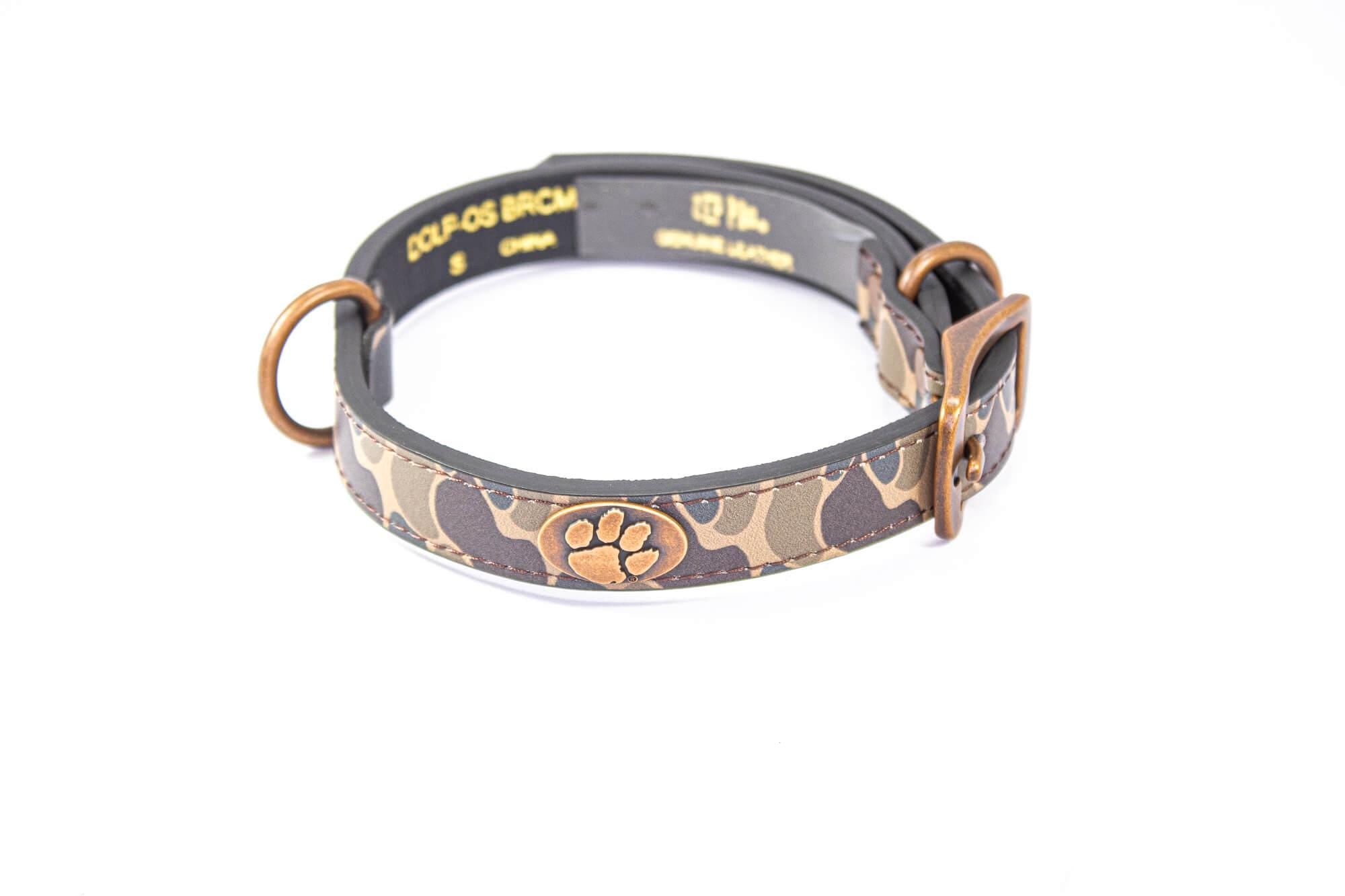 Clemson Tigers Old School Camo Leather Dog Collar - Antique Copper Logo