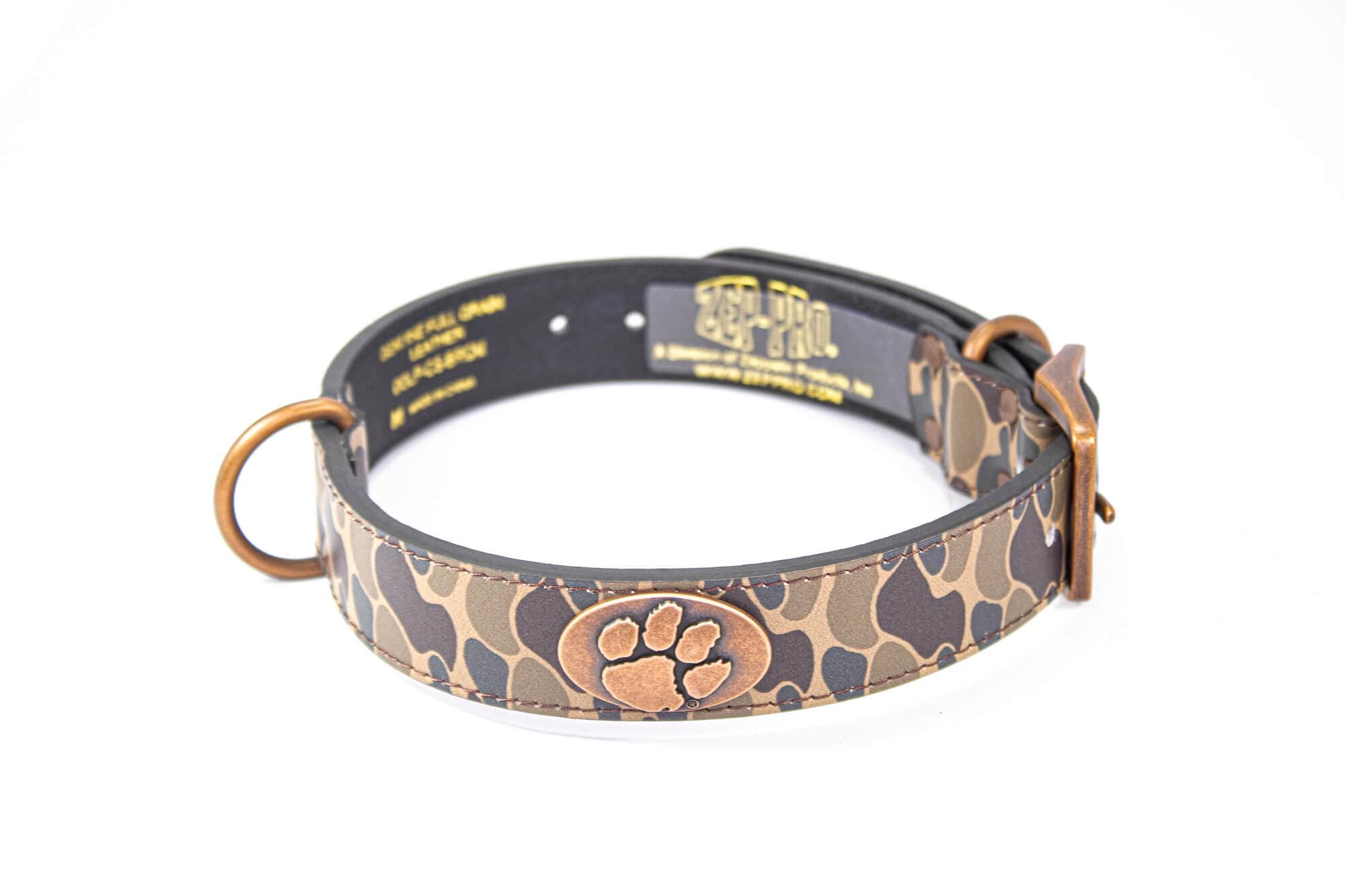 Clemson Tigers Old School Camo Leather Dog Collar - Antique Copper Logo