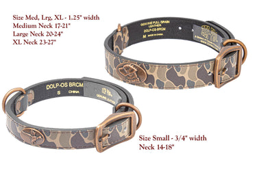 Mallard Hunting Old School Camo Leather Dog Collar - Antique Copper Logo