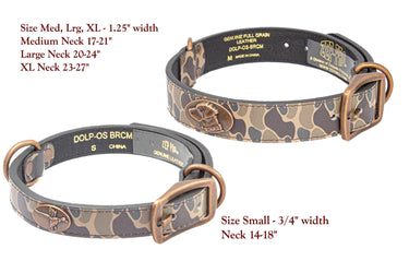 Turkey Hunting Old School Camo Leather Dog Collar - Antique Copper Logo