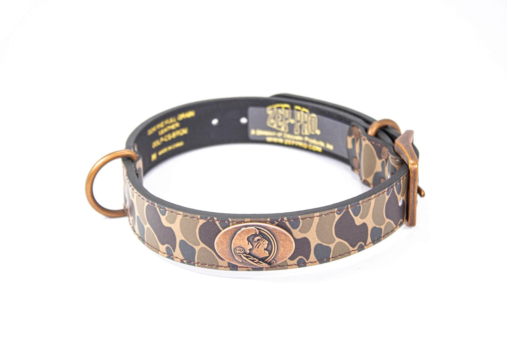 Florida State Seminoles Old School Camo Leather Dog Collar - Antique Copper Logo