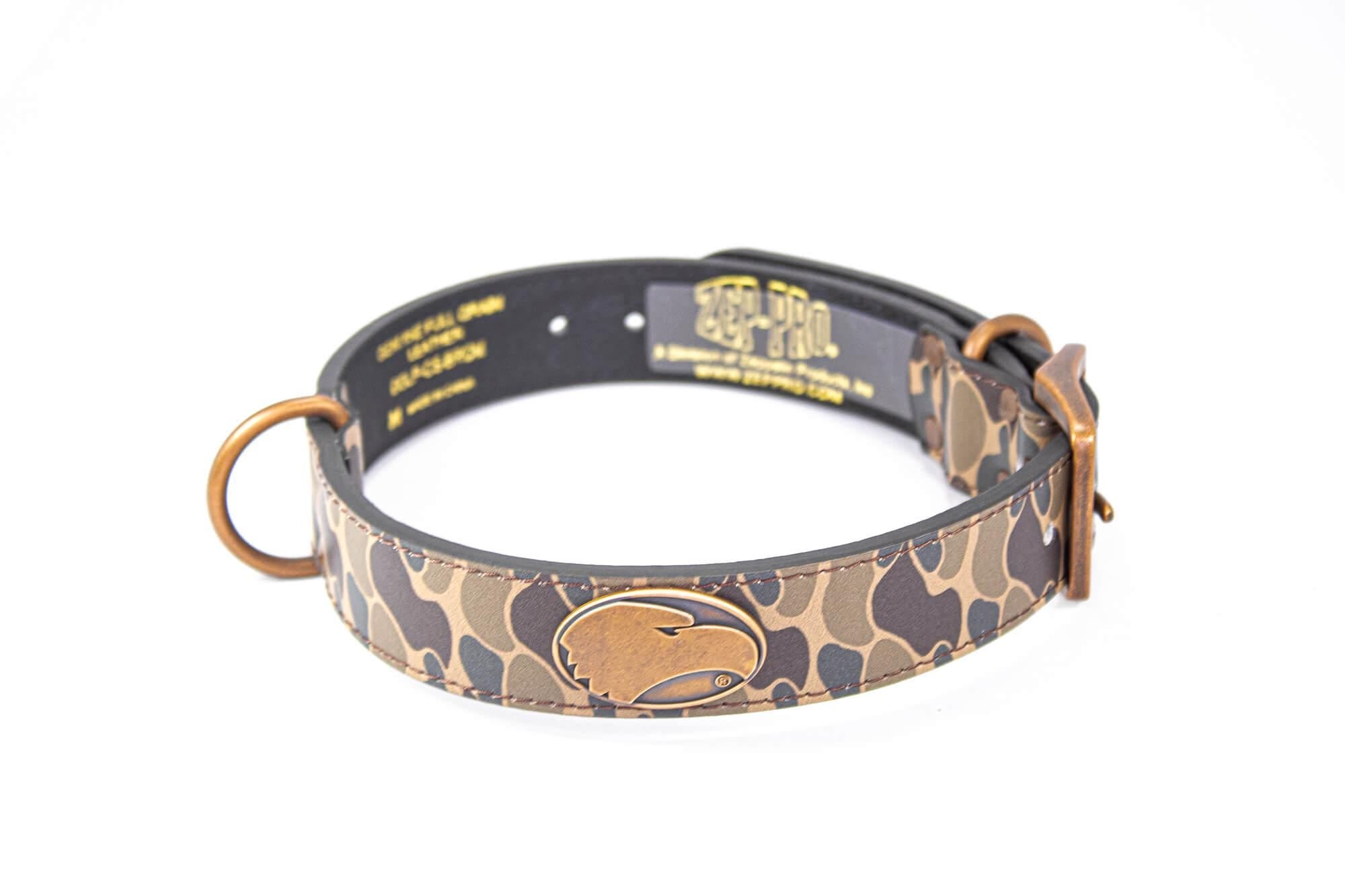 Georgia Southern Eagles Old School Camo Leather Dog Collar - Antique Copper Logo