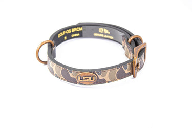 LSU Tigers Old School Camo Leather Dog Collar - Antique Copper Logo