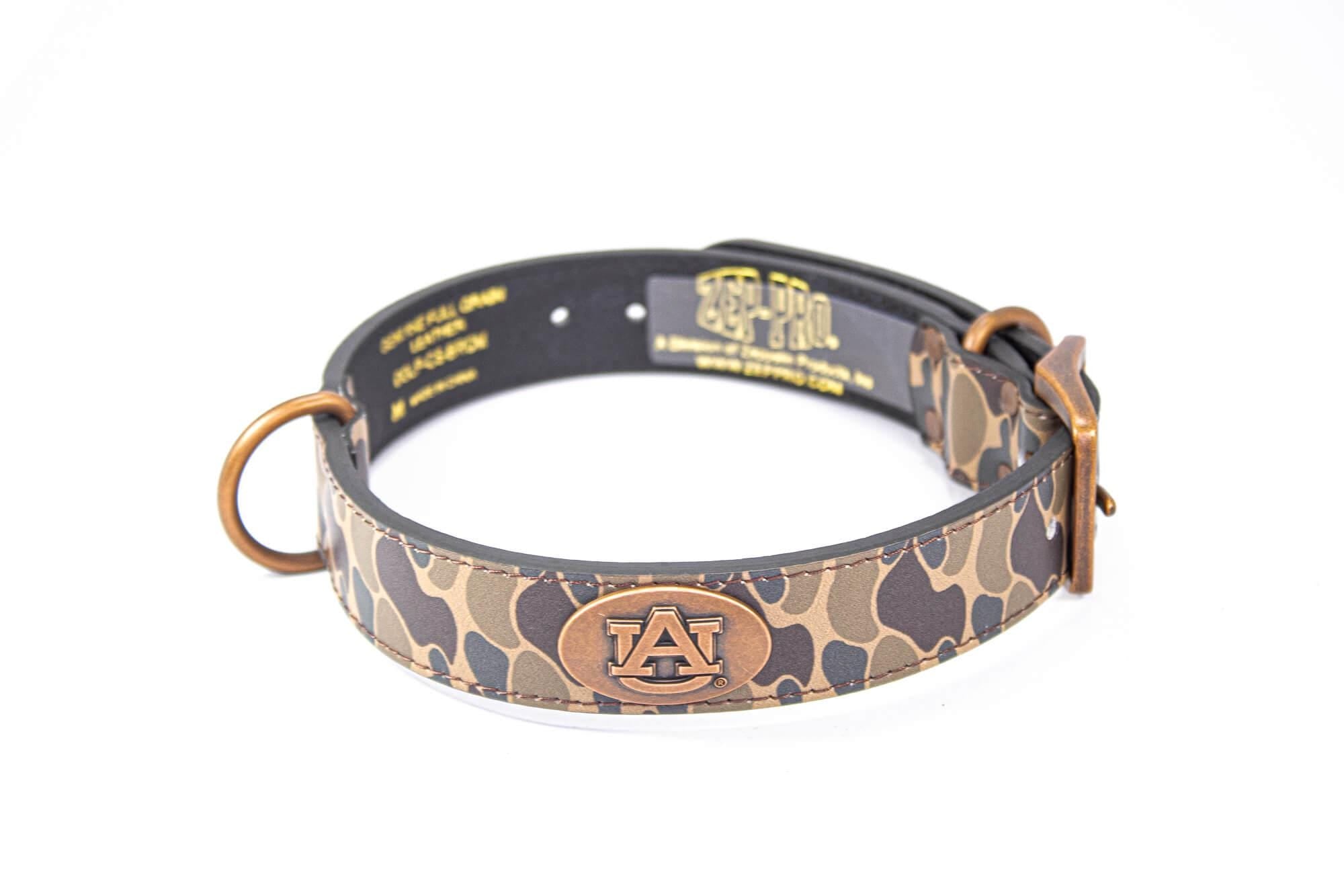 Auburn Tigers Old School Camo Leather Dog Collar - Antique Copper Logo