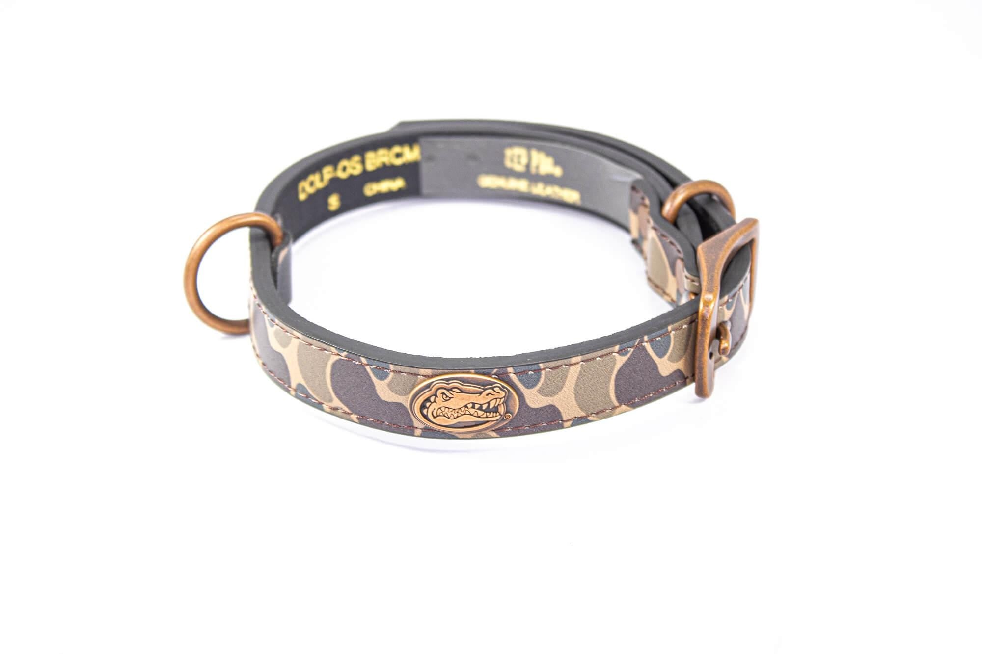 Florida Gators Old School Camo Leather Dog Collar - Antique Copper Logo