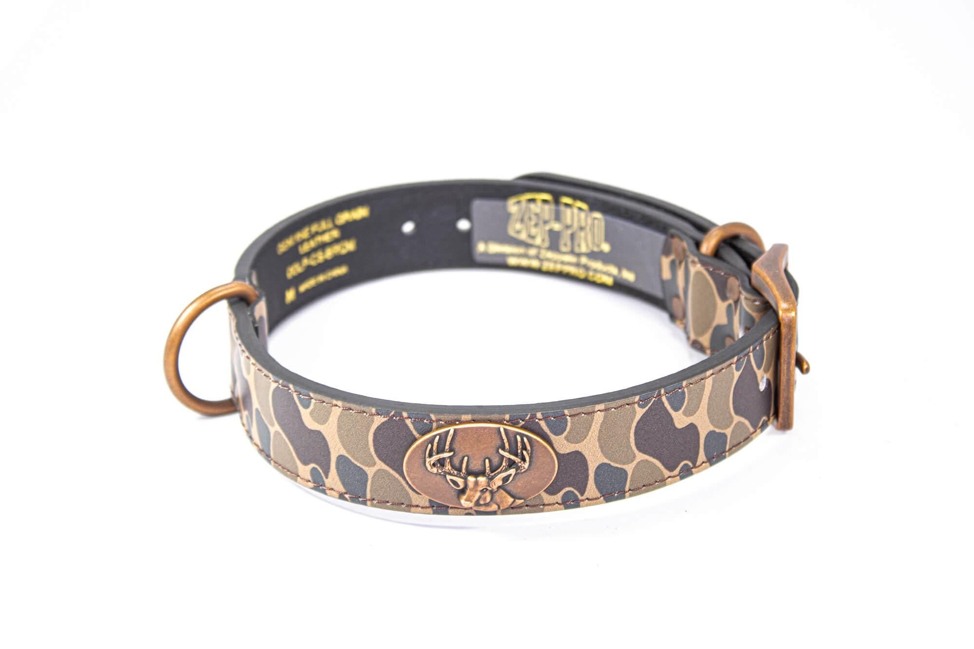Buck Hunting Old School Camo Leather Dog Collar - Antique Copper Logo