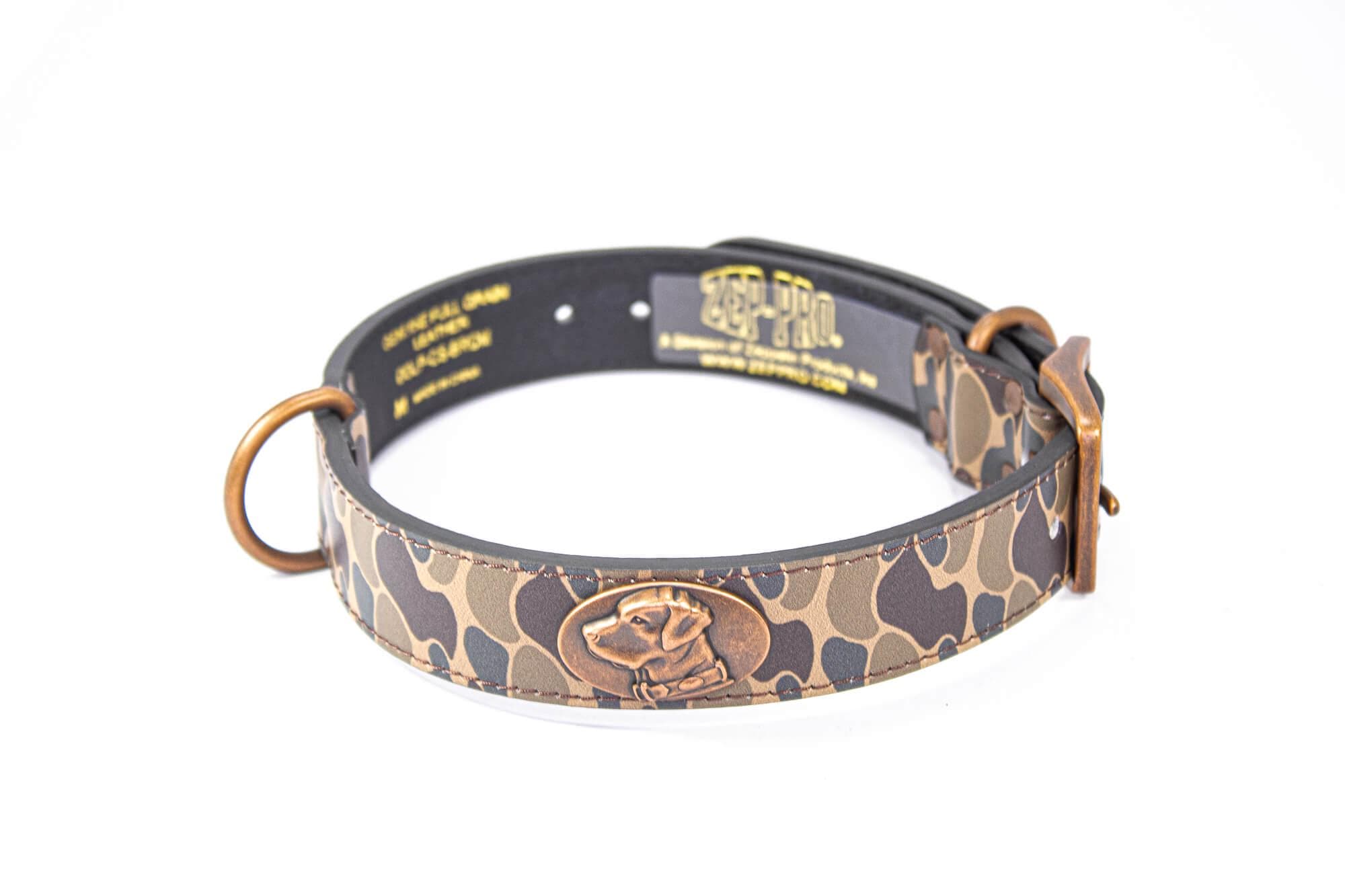 Lab Hunting Old School Camo Leather Dog Collar - Antique Copper Logo