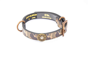 Shotshell Hunting Old School Camo Leather Dog Collar - Antique Copper Logo