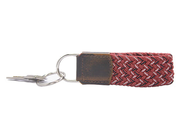 Braided Stretch Woven Garnet and Black Keychain with Leather Accent