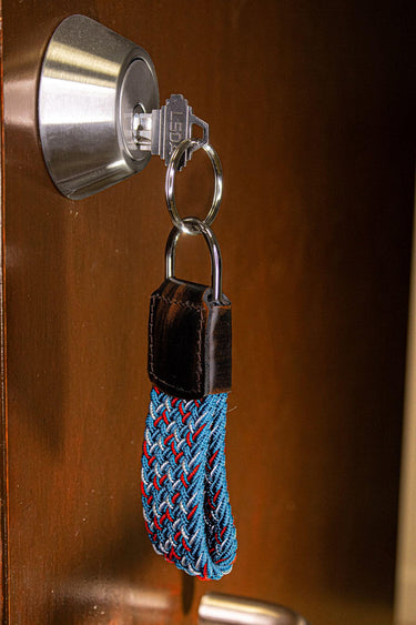 Braided Stretch Woven Blue and Red Keychain with Leather Accent