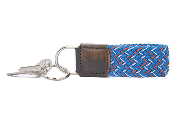 Braided Stretch Woven Blue and Red Keychain with Leather Accent