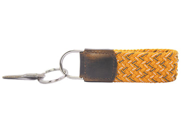Braided Stretch Woven Orange and Gray Keychain with Leather Accent