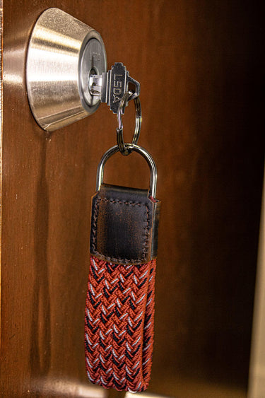 Braided Stretch Woven Red and Black Keychain with Leather Accent