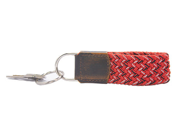 Braided Stretch Woven Red and Black Keychain with Leather Accent