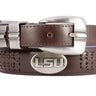 LSU Tigers Men's Collegiate Brown Leather Braided Belt With Metal Emblem Conchos.
