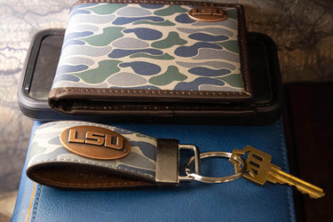 LSU Tigers Old School Camo Leather Loop Keychain.