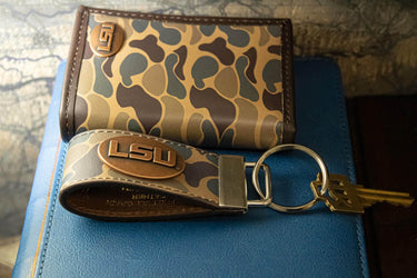 LSU Tigers Old School Camo Leather Loop Keychain.