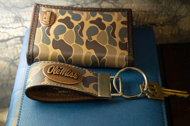 Ole Miss Rebels Old School Camo Leather Loop Keychain.