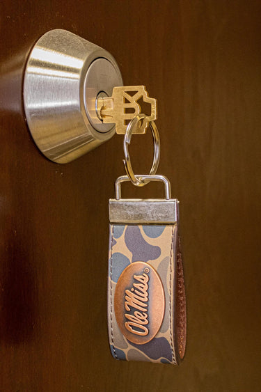 Ole Miss Rebels Old School Camo Leather Loop Keychain.