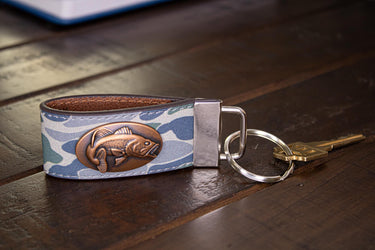 Bass Fishing Old School Camo Leather Loop Keychain.