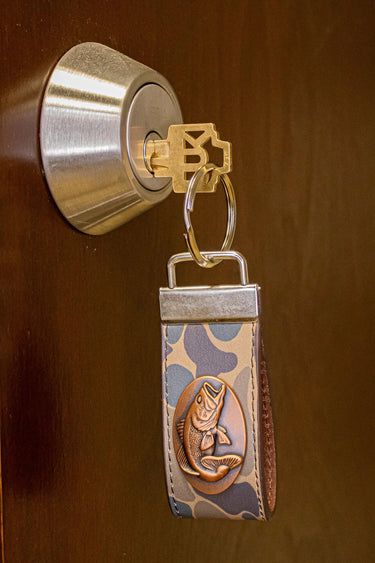 Bass Fishing Old School Camo Leather Loop Keychain.