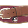 Youth Size FSU Seminoles Collegiate Woven Ribbon Belt. Tan Full Grain Leather Tabs. Boys Size Noles Belt. Kids Florida State Ribbon Belt.