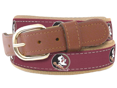 Youth Size FSU Seminoles Collegiate Woven Ribbon Belt. Tan Full Grain Leather Tabs. Boys Size Noles Belt. Kids Florida State Ribbon Belt.