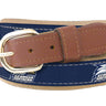 Youth Size Georgia Southern Eagles Collegiate Woven Ribbon Belt. Tan Full Grain Leather Tabs. Boys Size GSU Belt. Kids GSU Ribbon Belt.