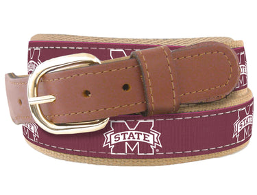 Youth Size Mississippi State Bulldogs Collegiate Woven Ribbon Belt. Tan Full Grain Leather Tabs. Boys Size MSU Belt. Kids MSU Ribbon Belt.