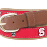 Youth Size NC State Wolfpack Collegiate Woven Ribbon Belt. Tan Full Grain Leather Tabs. Boys Size Wolfpack Belt. Kids NCSU Ribbon Belt.