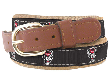 Youth Size NC State Wolfpack Collegiate Woven Ribbon Belt. Tan Full Grain Leather Tabs. Boys Size Wolfpack Belt. Kids NCSU Ribbon Belt.