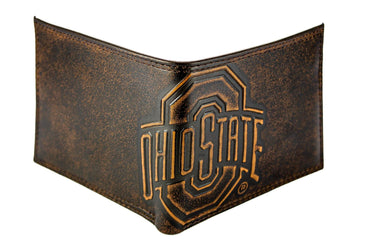 Ohio State Buckeyes Men's Collegiate Bifold Leather Wallet. Brown Burnished Full Grain Finish With Large Debossed Logo