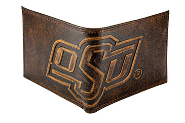Oklahoma State Cowboys Men's Collegiate Bifold Leather Wallet. Brown Burnished Full Grain Finish With Large Debossed Logo