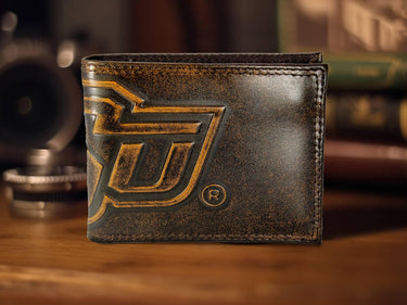Oklahoma State Cowboys Men's Collegiate Bifold Leather Wallet. Brown Burnished Full Grain Finish With Large Debossed Logo