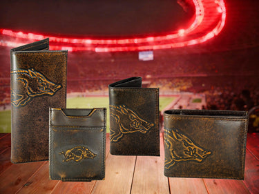 Arkansas Razorbacks Men's Collegiate Bifold Leather Wallet. Brown Burnished Full Grain Finish With Large Debossed Logo