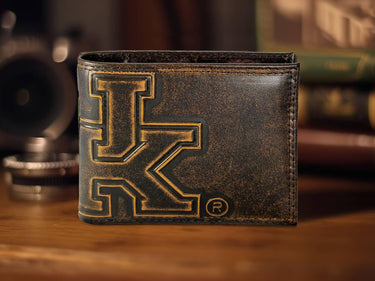 Kentucky Wildcats Sooners Men's Collegiate Bifold Leather Wallet. Brown Burnished Full Grain Finish With Large Debossed Logo