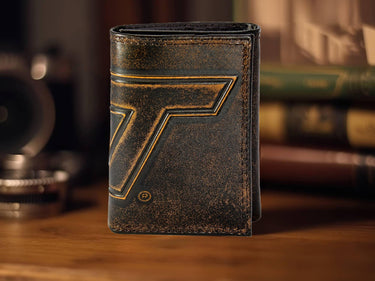 Virginia Tech Hokies Men's Collegiate Trifold Leather Wallet. Brown Burnished Full Grain Finish With Large Debossed Logo