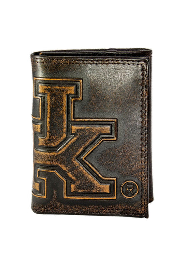Kentucky Wildcats Men's Collegiate Trifold Leather Wallet. Brown Burnished Full Grain Finish With Large Debossed Logo