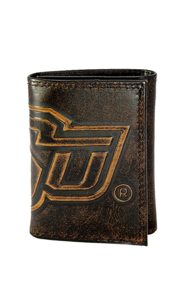 Oklahoma State Cowboys Men's Collegiate Trifold Leather Wallet. Brown Burnished Full Grain Finish With Large Debossed Logo