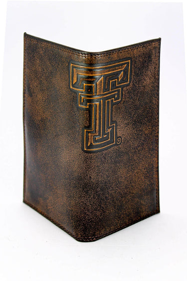 Texas Tech Red Raiders Men's Collegiate Secretary Leather Wallet. Brown Burnished Full Grain Finish With Large Debossed Logo