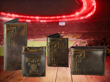 Texas Tech Red Raiders Men's Collegiate Secretary Leather Wallet. Brown Burnished Full Grain Finish With Large Debossed Logo