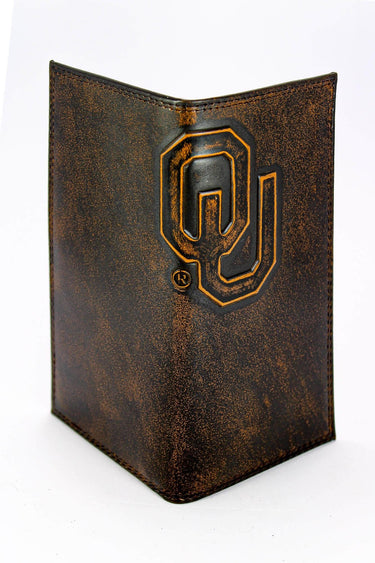 Oklahoma Sooners Men's Collegiate Secretary Leather Wallet. Brown Burnished Full Grain Finish With Large Debossed Logo