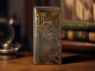 Kentucky Wildcats Men's Collegiate Secretary Leather Wallet. Brown Burnished Full Grain Finish With Large Debossed Logo