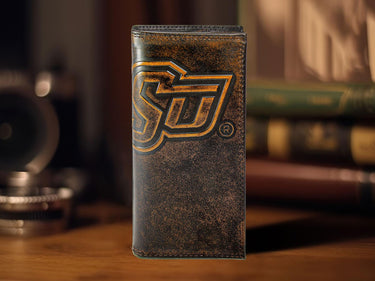 Oklahoma State Cowboys Men's Collegiate Secretary Leather Wallet. Brown Burnished Full Grain Finish With Large Debossed Logo