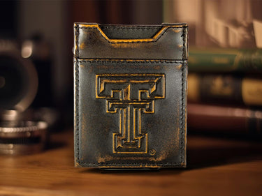 Texas Tech Red Raiders Men's Collegiate Magnetic Front Pocket Leather Wallet. Brown Burnished Full Grain Finish With Debossed Logo
