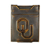 Oklahoma Sooners Men's Collegiate Magnetic Front Pocket Leather Wallet. Brown Burnished Full Grain Finish With Debossed Logo